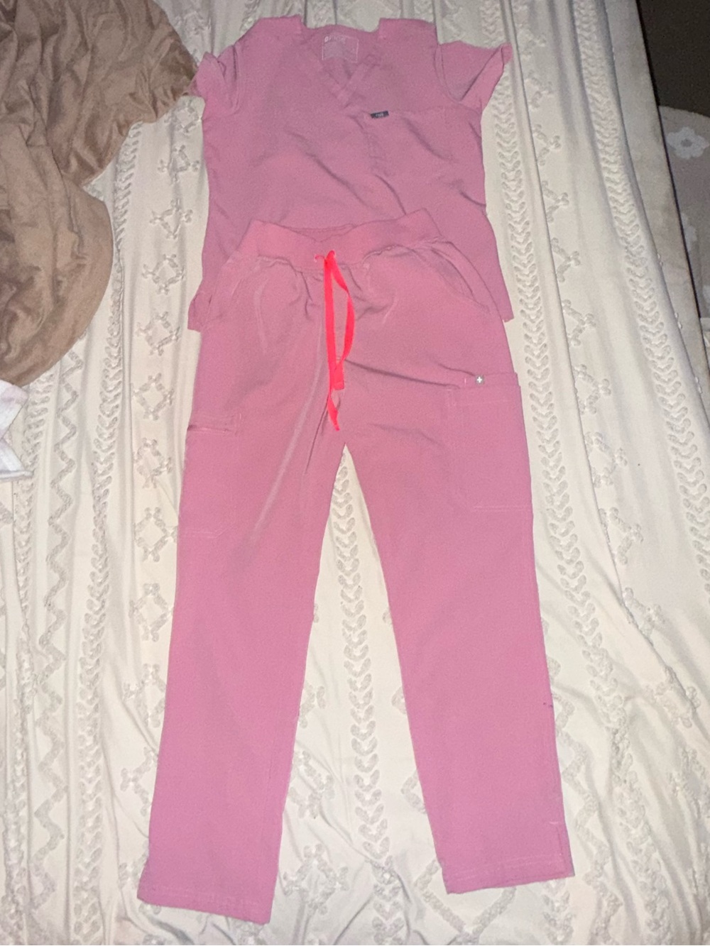Figs Women's Pink Scrub Set with Neon Drawstring